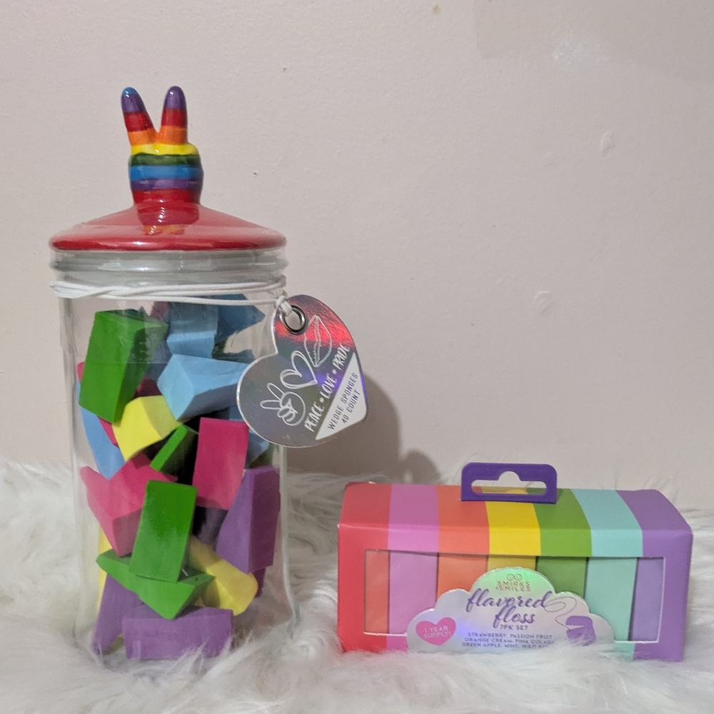 Smirks & Smiles Rainbow Floss & Rainbow Canister With 40 Wedge Sponges Pride New